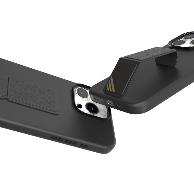 كفر حماية سيليكون Levelo Morphix مع قبضة جلدية لهاتف iPhone 16 Pro، حلقة معدنية للكاميرا، حامل متعدد الوظائف، زوايا مقاومة للصدمات، مواد فائقة المتانة - أسود