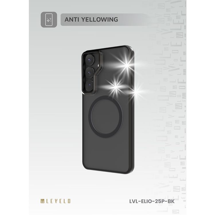 جراب Levelo Elio لهاتف Samsung Galaxy S25 Plus متوافق مع MagSafe، حلقة كاميرا معدنية، حامل مدمج، تصميم رفيع للغاية، مضاد للاصفرار - أسود