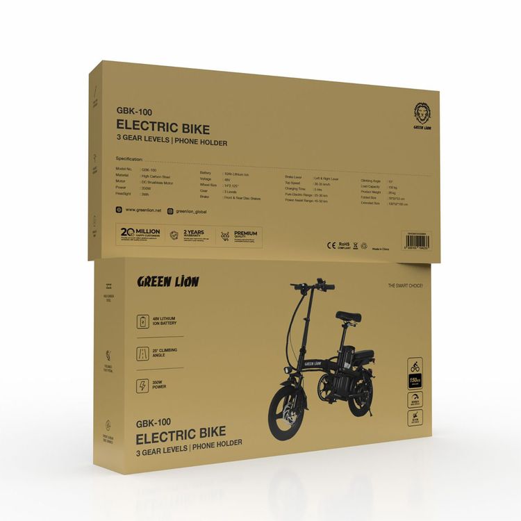 Green Lion GBK-100 Electric Bike, Foldable Design, Up to 150 Kg Load Capacity, Left & Right Lever, 350W Power, Front & Rear Disc Brake, 3-level Gear System, 48V Lithium Ion Battery, Front Fork Suspension - Black