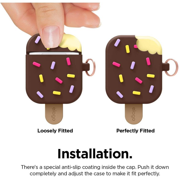 Elago  Ice Cream Case with Anti-Lost Ring for Apple AirPods 1 & 2 Generation, Drop Resistant, Dustproof and Absorbing Protective Cover with Hang Case Dark Brown
