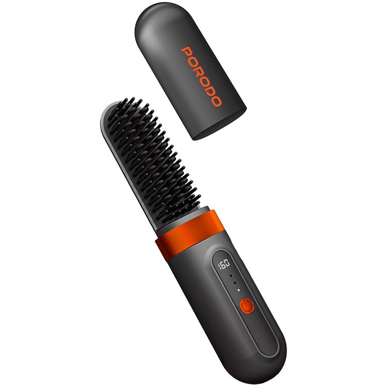 Porodo Lifestyle Portable Heated Styling Brush with PTC and Ceramic Heating Plate, 3 Temperature Settings, Type-C Charging Port, 4000mAh Battery Capacity, 1 Hour Working Time, Portable Design - Black 