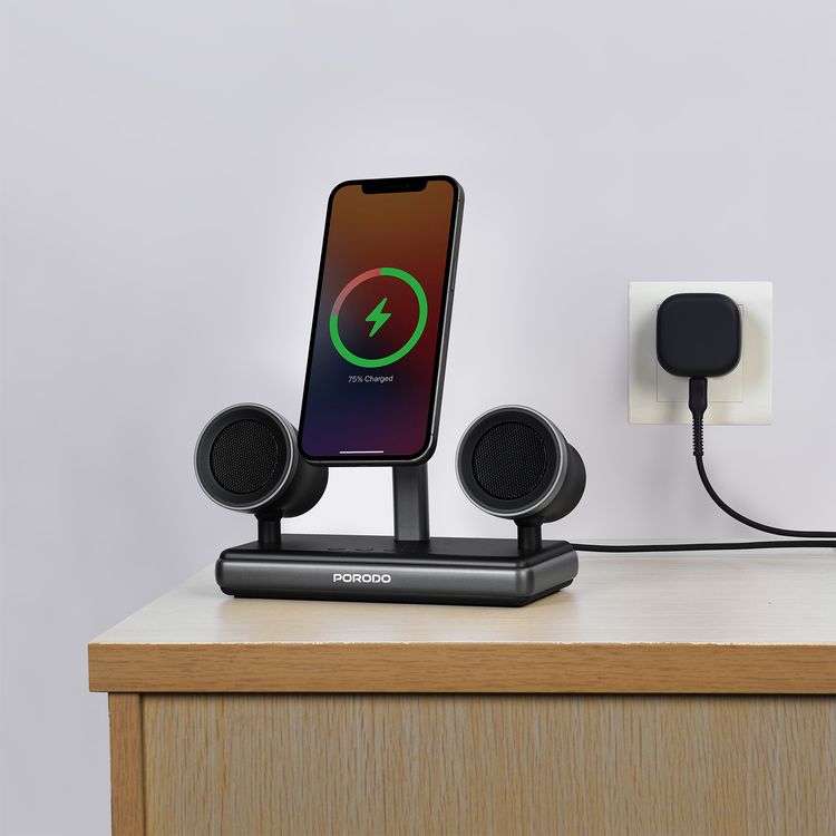 Porodo Speaker Charging Dock with Qi2 Wireless Charging, Compatible with iPhone 12 to 16 Series, 16W Dual Speakers, Built-in Safeguards, HiFi Audio - Black