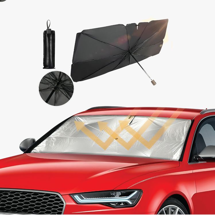 Green Lion Car Windshield Sunshade Umbrella with UV Protection, Light, Compact & Retractable, Sunlight Reflector, Structure Support, Comfortable to Handle, Easy to Use - Black