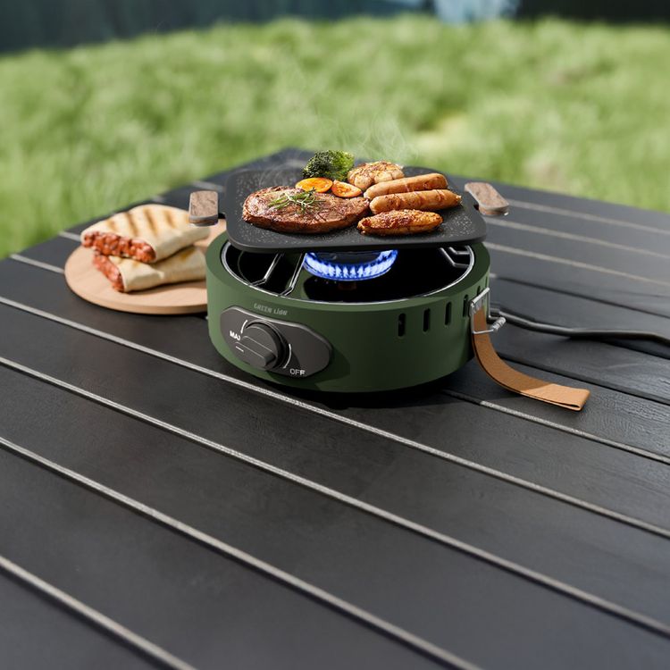 موقد التخييم جرين ليون سولو فليم مع تحكم بالمقبض، غاز البيوتان، موقد من الفولاذ المقاوم للصدأ، قدرة تحميل تصل إلى 5 كجم، قاعدة مضادة للانزلاق، تصميم سهل التنظيف - أخضر