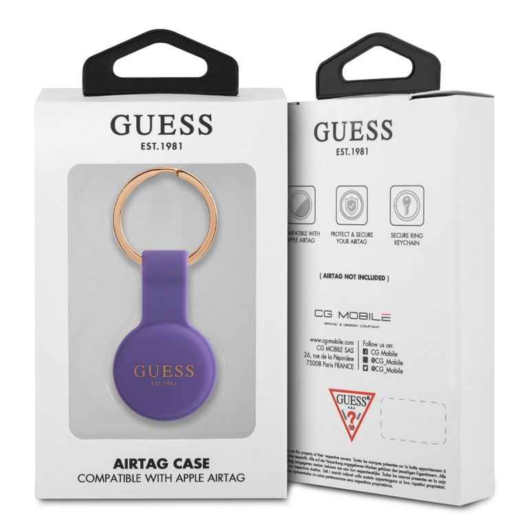 CG MOBILE Guess Silicone Classic Logo Case with Keychain for Airtag, Portable Protective Skin Cover, Anti-Lost Holder with Key Ring Officially Licensed Purple