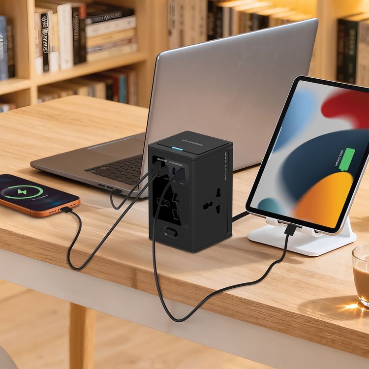 Porodo Universal GaN Multi-Port Cube Adapter with 2500W Rated Power, 100-250V Input Voltage, Four AC Sockets, Dual USB-C, Dual USB-A, Simultaneous Charging - Black