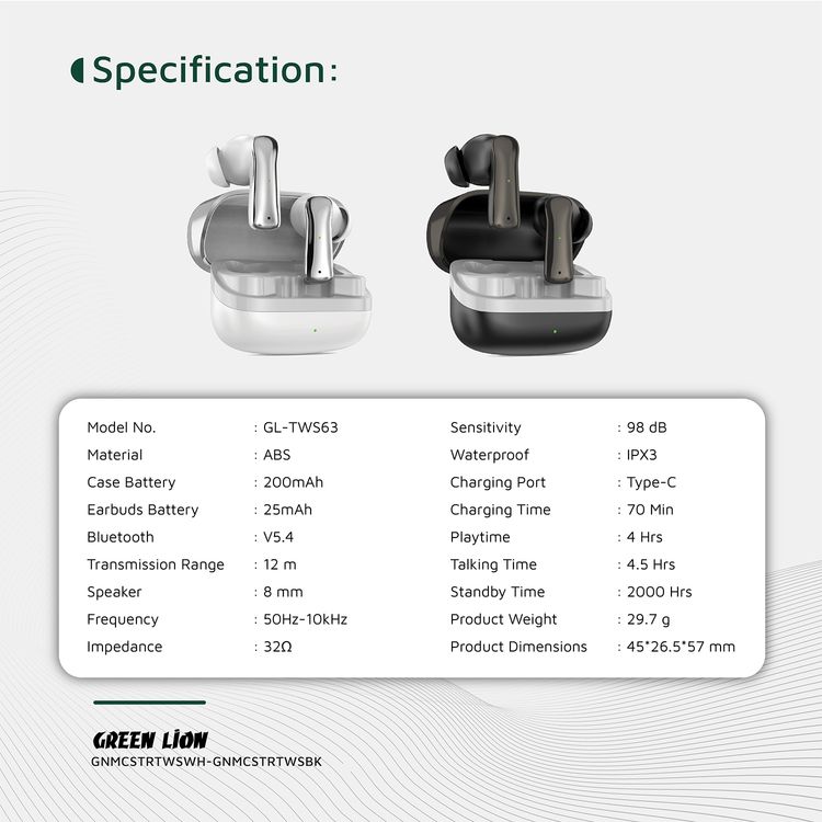 Green Lion Manchester True Wireless Earbuds with ABS Material, 25mAh Earbuds Battery, 200mAh Case Battery, Bluetooth Version 5.4, 12m Bluetooth Range, 2000 Hours Standby Time, Type-C Charging Port, 70 Minutes Charging Time, IPX3 Waterproof Level, Touch Control - Black