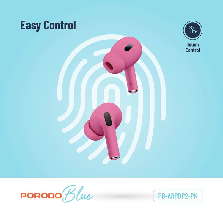 Porodo Blue Earbuds Pro 2 With Swipe Volume, 20 Hours Working Time, Wireless Charging, Deep Bass, Independent Earbuds, Touch Control - Pink