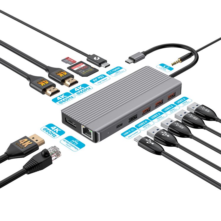 Powerology 13-in-1 USB-C Hub, 4K, HDMI, Type-C, 100W PD, Ethernet, USB SD MicroSD, 3.5 AUX - Gray