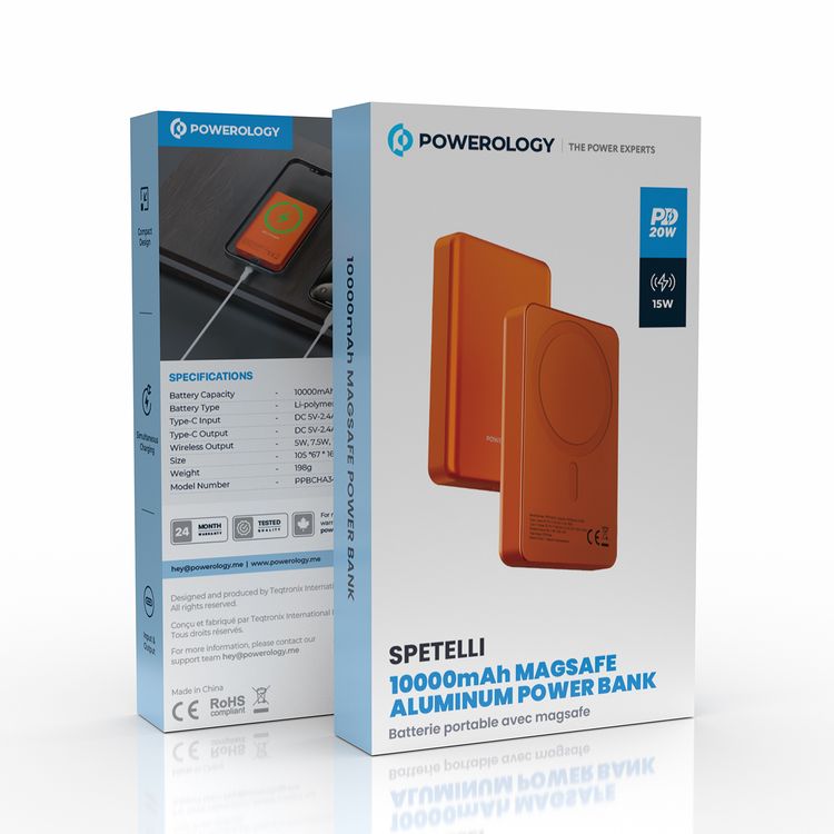 بنك الطاقة باورولوجي سبيتيلي بسعة 20000 مللي أمبير في الساعة مع تقنية ماج سيف، مصنوع من الألمنيوم مع مؤشر لمستوى البطارية، تصميم خفيف الوزن ومضغوط، شحن سريع ومتزامن، مدخل ومخرج من نوع Type-C، مخرج لاسلكي بقوة 15 واط - برتقالي.