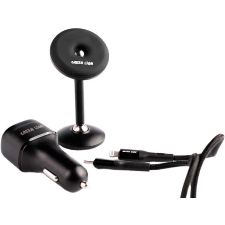 Green Lion 3-in-1 Combo Magnetic Car Holder with PD 20W, QC3.0 20W, USB-C & USB-A Ports, USB-C to Lightning Cable, 1.2m Cable Length, Strong Magnets, Fast Charging Support - Black