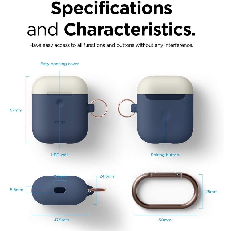 Elago Duo Hang Silicone Case with Apple AirPods Case 1 & 2 Generation, Dustproof and Absorbing Protective Cover with Hang Case Body -Jean Indigo/Top-Classic White, Yellow