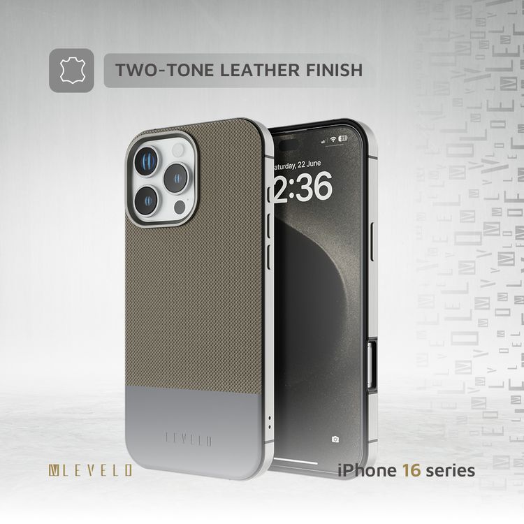 Levelo Cuir Two Tone Leather Case For iPhone 16 Pro, Durable, Compact Design, MagSafe Compatible, Hybrid Case, Impact-Resistant Corners , Aluminum Bumper Finish, High Quality Material - Gray