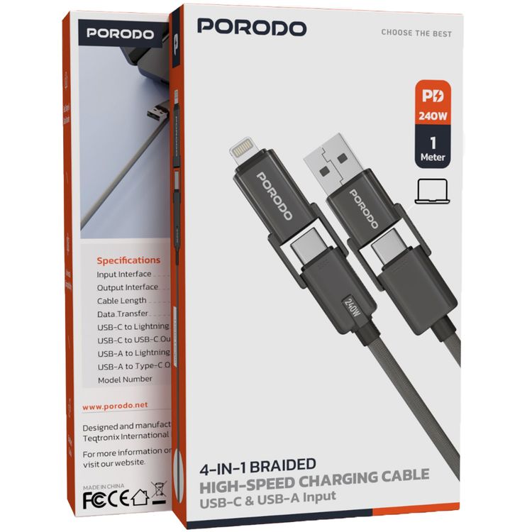 Porodo كابل شحن مضفر عالي السرعة 4 في 1 مع مداخل USB-C وUSB-A، ومخرجات Lightning وType-C، خرج USB-C إلى USB-C بقوة 240 واط، متوافق مع جميع الأجهزة - أسود