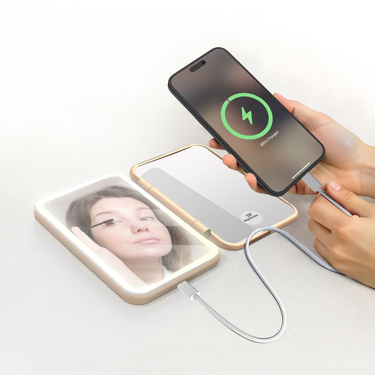 Porodo Magnifying Mirror with 5000mAh Power Bank, Up to 40 Hours Working Time, Yellow, Natural & White Light Colors, Smart Touch Control, 1X & 5X Magnification - White / Rose Gold