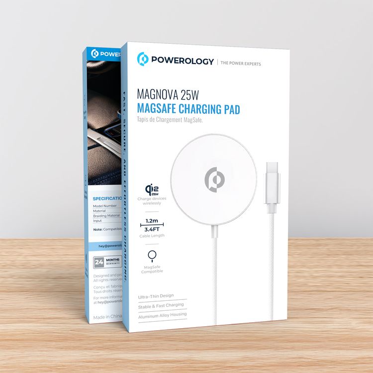 Powerology Magnova 25W MagSafe Charging Pad, PC & Aluminum Alloy Material, USB-C Input, 1.2m Cable Length, Universal Compatibility, Built-in Safeguards, Fast Charge, Tangle-Free Design - Silver