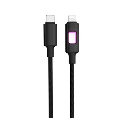 Porodo LED Braided USB-C to Lightning Cable with 27W Power Delivery, 1.2m Cable Length, Tangle-Free Design, High-Speed Data Transfer, Fast Charging Speed, Superior Durability - Black