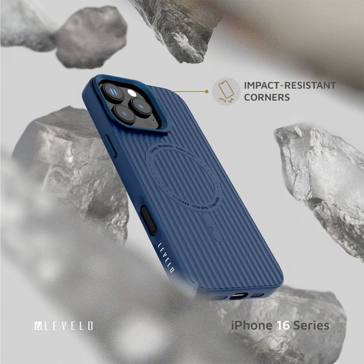 Levelo Livia Case for iPhone 16 Pro with MagSafe Compatibility, Impact-Resistant Corners, Built-in Kickstand, TPU with Silicone Surface, Metal Camera Ring - Blue