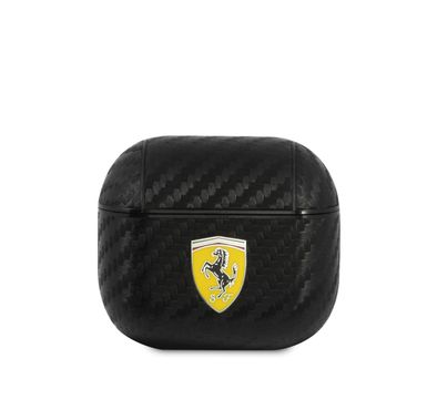 Ferrari PC PU Carbon Yellow Shield Metal Logo Case for Airpods 3 - Black