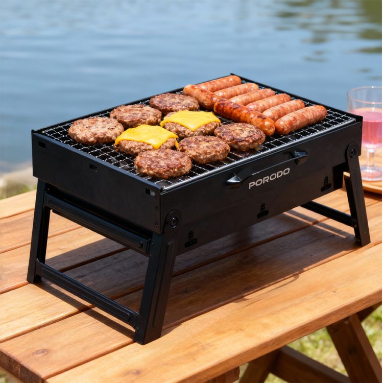 Porodo Lifestyle Portable Folding Mini BBQ Grill with Grill Spatula and Fork Set, BBQ Grill Net, Hand Hooks, Lightweight Design, Durable Construction, Easy Setup - Black