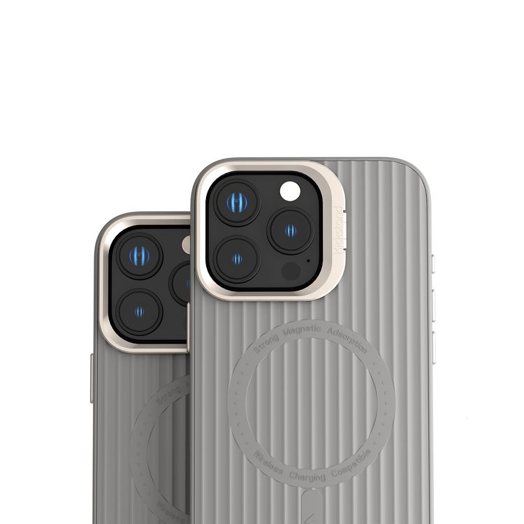 Levelo Livia Case for iPhone 16 Pro Max with MagSafe Compatibility, Impact-Resistant Corners, Built-in Kickstand, TPU with Silicone Surface, Metal Camera Ring - Gray