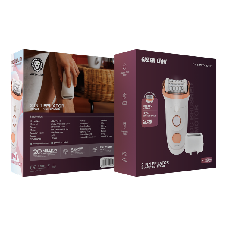 Green Lion 2-in-1 Epilator with Shave & Trim & Epilate Function, Cleaning Reminder, Stainless Steel Blades, 8500RPM Motor, Ergonomic Design, 400mAh Battery Capacity. Digital Display - White
