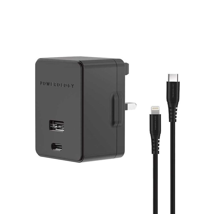 Powerology Ultra-Quick PD & QC Charger Dual Ports 32W Simultaneous Fast Charging Wall Charger with 1.2m/4ft USB-C to Lightning Cable (Black)