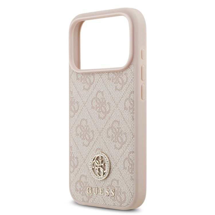 جراب جلدي PU لجهاز iPhone 17 Pro Max مع تصميم MagSafe 4G وشعار كلاسيكي ومرصع بالأحجار من Guess، تصميم خفيف الوزن، حماية من السقوط، سهل التركيب، نحيف، تغليف مستدام، قبضة مريحة - وردي