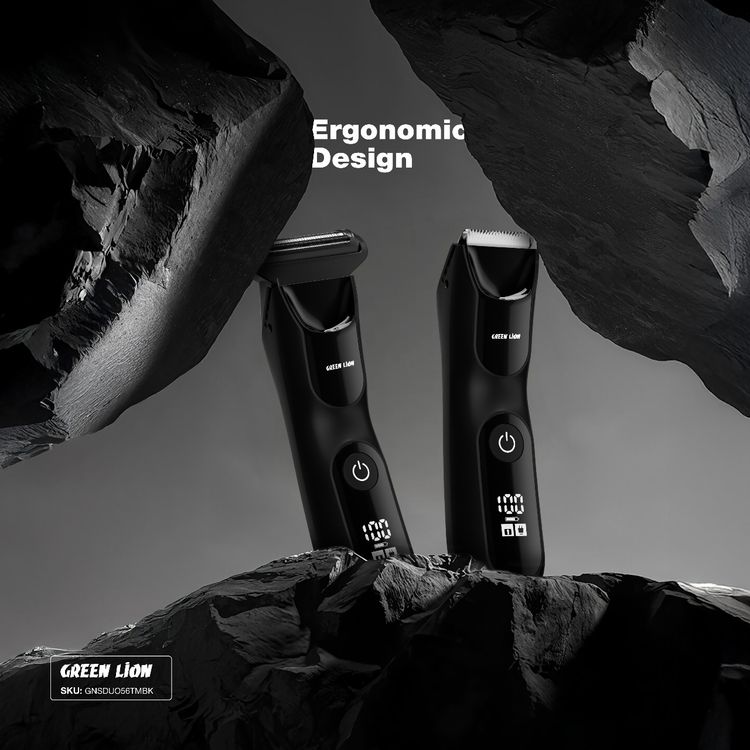 Green Lion Sensitive Duo Hair Trimmer & Shaver, 1.5 Hours Working Time, Ceramic & Stainless Steel Blades, 5W Power, Charging Base Included, LED Spotlight, Skin-Safe Blades, Travel Lock Function, USB-C Charging Port - Black