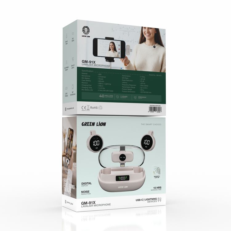 Green Lion GM-91X Lavalier Microphone with 15 Hours Play Time, Digital Display, Noise Reduction, Compatible with USB-C & Lightning Devices, Reverb Mode, Auto Pairing, Ultra-Low Latency, 20m Wireless Freedom, USB-C Charging Port, 360° Omnidirectional, Magnetic Clip-On - Beige