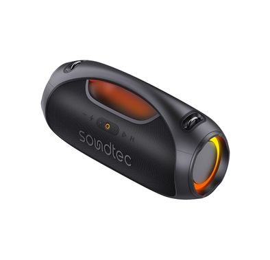 Porodo Soundtec Rush Euphoric Sound Portable Speaker with Bluetooth Version 5.3, 5400mAh Battery Capacity, Type-C Charging Port, IPX6 Water Resistance, 3 Hours Charging Time, 8 Hours Working Time, 15m Transmission Range, Power Bank Function, Shoulder Strap & Grip Handle, Vibrant RGB Lights - Black