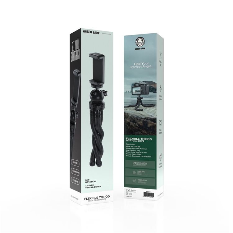 Green Lion Flexible Tripod with Foam Grips, ABS + TPR & Aluminum Material, 3kg Load Capacity, 360° Rotation, Flexible Legs, 2-Angle Adjustable, Pan & Tilt Functions - Black