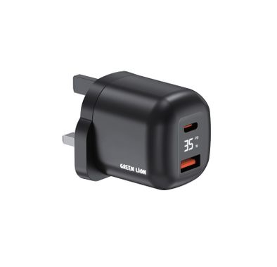 Green Lion Q-Series 35W UK Plug GaN Wall Charger with Smart Digital Display, QC 3.0 18W, GaNStorm Technology, Ultra Compact Design, High-Efficiency GaN Charger, Smart Protection, Flame-Retardant PC Material - Black