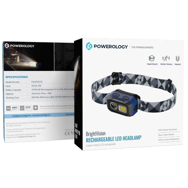 Powerology Bright Vision Rechargeable LED Headlamp with IP54 Water Resistance Level, 60° Rotating Angle, Up to 10 Hours Working Time, 1000mAh Rechargeable or 3x AAA Batteries, 500 Lumens Brightness, Aluminum Alloy & ABS Materials, Motion Sensor, Headmount, Dual Light Modes - Black