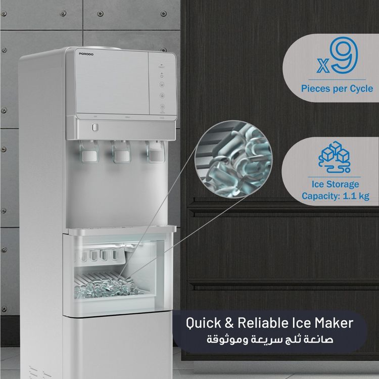 Porodo Lifestyle Water Dispenser & Ice Maker with 5°C - 10°C Cold Water Temperature, Child Safety Lock, Energy Efficient, Top Load Design, 9 Pieces of Ice per Cycle - Silver