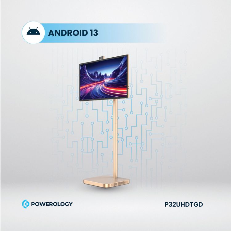 Powerology 32" Google 4K Screen with 4K Camera, 8GB RAM, 128GB Memory, 9800mAh Battery, 16.7M Colors, Android 13, 4 Hours Working Time, Dual 10W Speakers, 2.5 Hours Charging Time - Gold