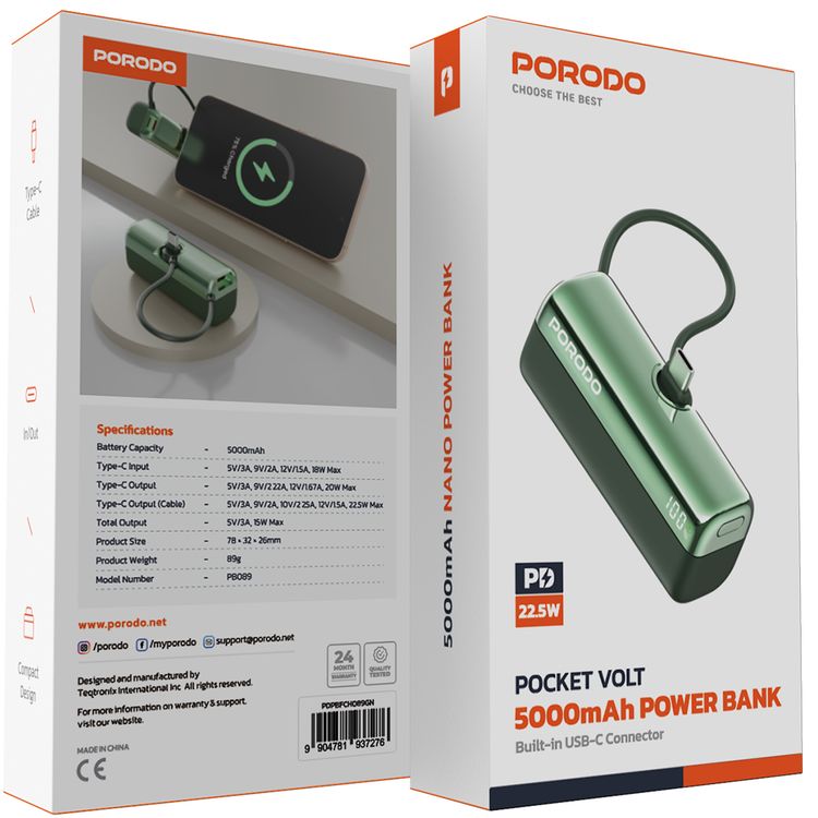 Porodo Pocket Volt 5000mAh Power Bank with Built-in Type-C Connector, 22.5W Power Delivery, Fast Charging Support, Compact Design, 15W Total Output - Green