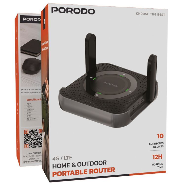 Porodo 4G & LTE Portable Router with 40m Signal Distance, 12 Hours Working Time, 10 Connected Devices, 100Mbps LAN, 4000mAh Battery Capacity, Micro SIM, CPE & MiFi, CAT4 Category, 150Mbps Download Rates, 50Mbps Upload Rates - Black / Gray