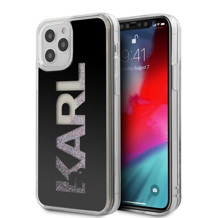 CG Mobile Karl Lagerfeld Liquid Glitter Case Mirror with Multicolor Glitter for Apple iPhone 12 / 12 Pro (6.1") Suitable with Wireless Chargers Officially Licensed - Black