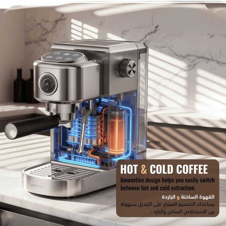 LePresso Hot & Cold Espresso Maker with Steam Wand & Pressure Gauge, 1.3L Water Tank Capacity, 1350W Rated Power, 20bar Pump Pressure, PCB Control & 6 Touch Buttons, Powerful Boiler - Gray