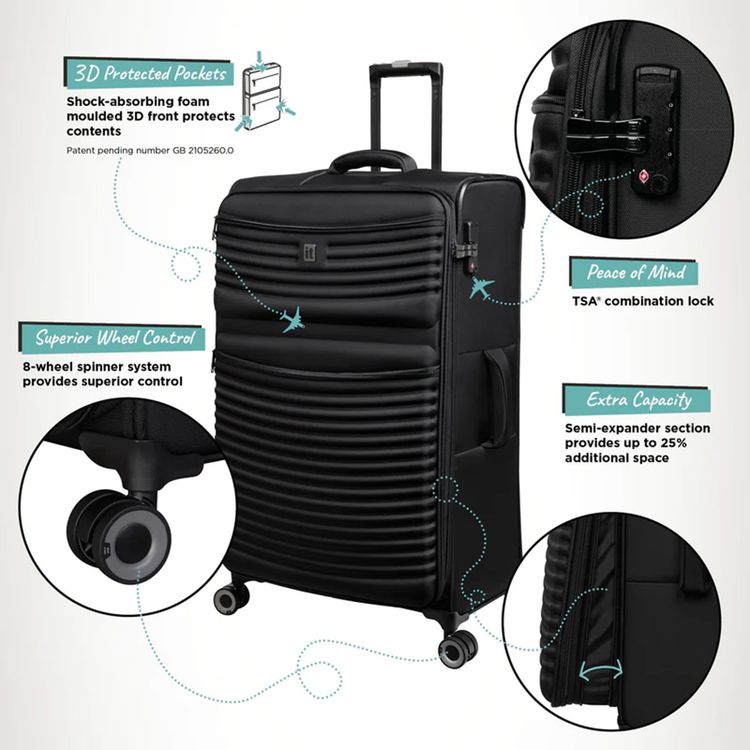 it luggage Precursor Unisex Lightweight Soft Case Trolley, Expandable Polyester Luggage with 8 Spinner Wheels, Telescopic Handle & TSA Lock - Large / Black