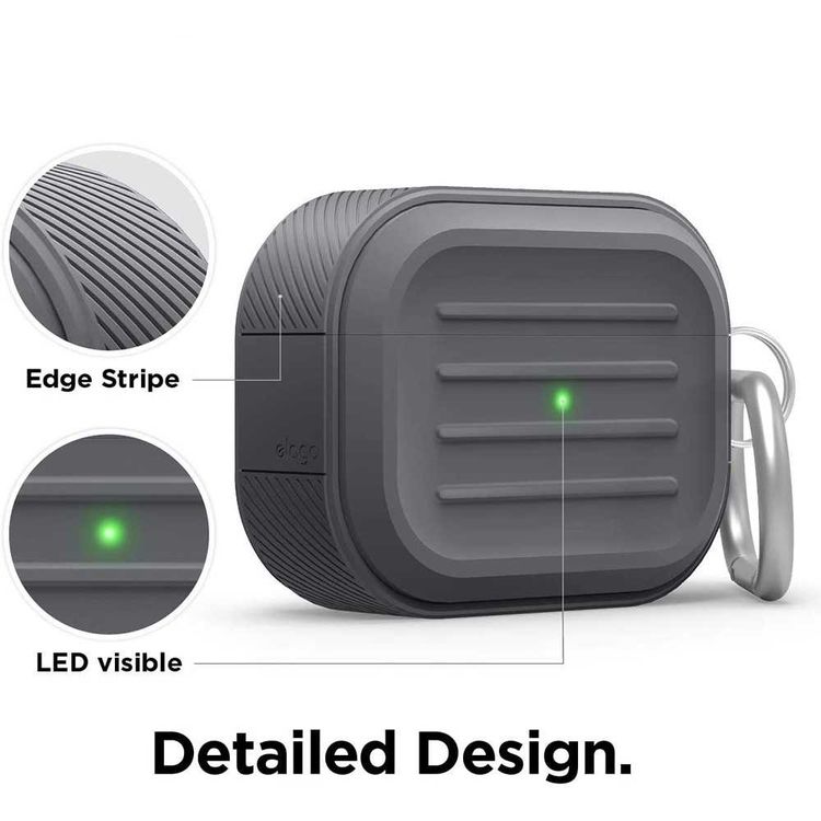 Elago Armor Case with Anti-Lost Carabiner Compatible for AirPods Pro, Dustproof & Absorbing Protective Cover Suitable for Wireless Charging - Dark Grey