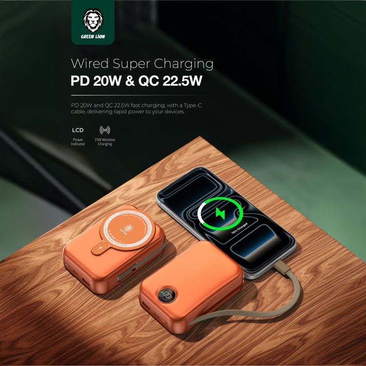 Green Lion 20000mAh Monaco MagSafe Power Bank with Built-in Type-C Cable, LCD Display, 20W Power Delivery, Magnetic Attraction, Compact Design - Orange