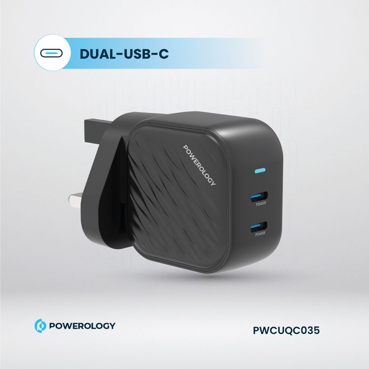 Powerology GaN Dual-USB-C Wall Charger with 45W Power Delivery, Built-in Safeguards, Universal Compatibility, 1.5A Rated Current, AC 100-240V Rated Voltage - Black