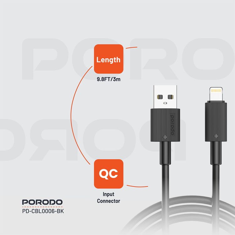 Porodo USB A to Lightning PVC Cable 3m, 480Mbps, 2.4A, more than 15000 Bends Life Span, Tangle Free - Black