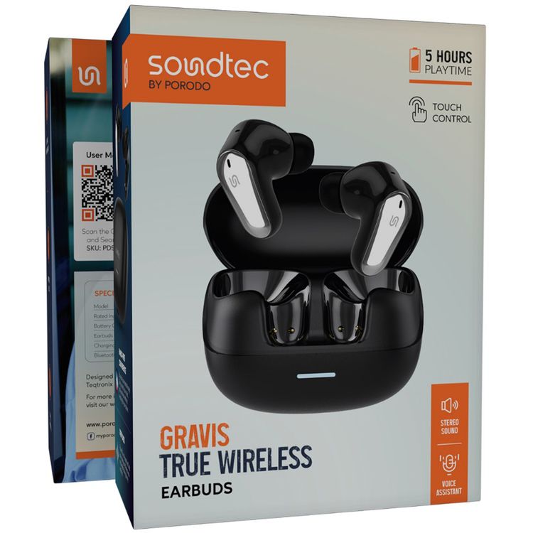 Porodo Gravis True Wireless Earbuds with Touch Control, Up to 5 Hours Play Time, 300mAh Charging Case & 38mAh Earbuds Battery, Sweat & Water Resistant, Voice Assistant, Stereo Sound - Black