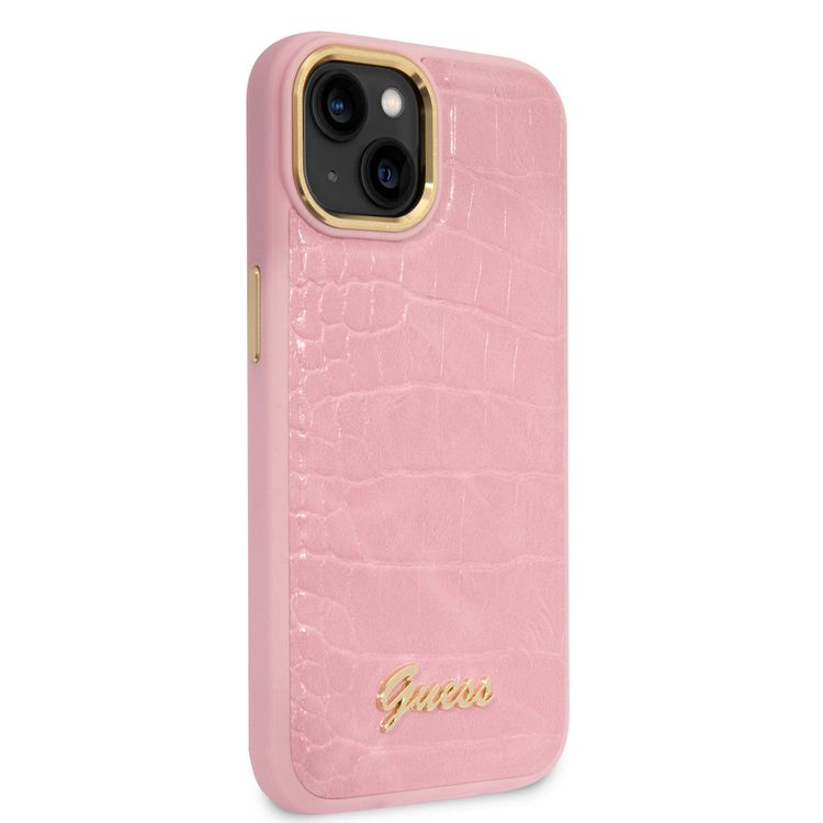 Guess PU Croco Case with Metal Camera Outline, Latest Design iPhone 14 Plus Compatibility - Pink