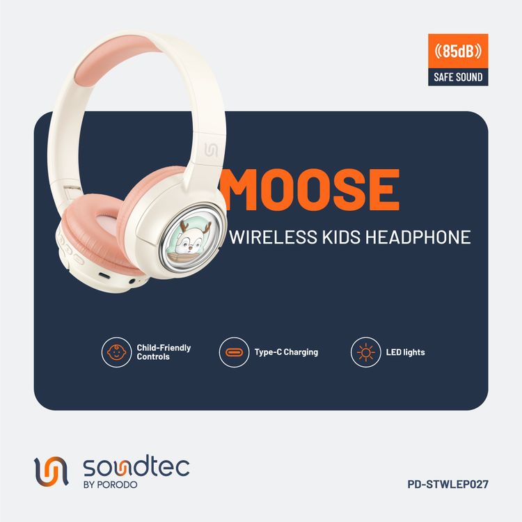 Porodo Soundtec Moose Wireless Kids Headphone, V5.3 Bluetooth, 2H Charging Time, 40mm Speaker Size, 20H Play Time, LED Lights, 400mAh - Pink 