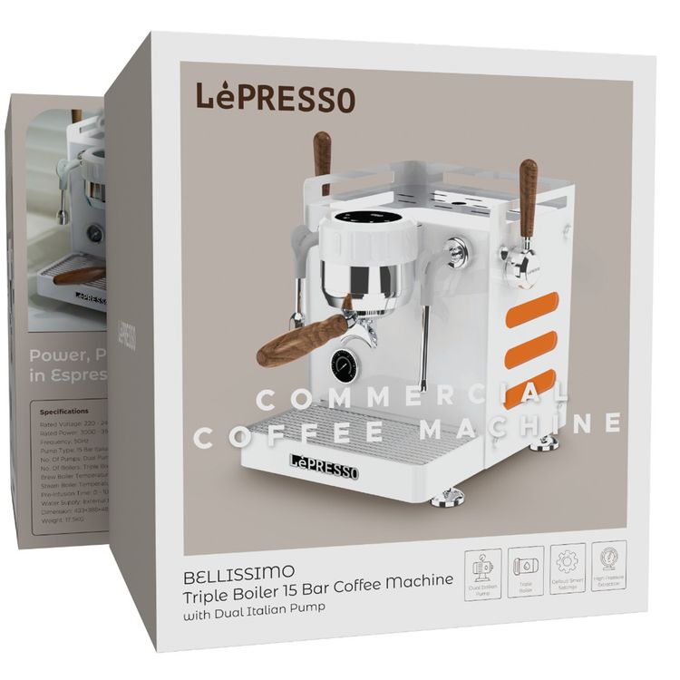 آلة صنع القهوة LePresso Bellissimo Triple Boiler 15-Bar، وقت التسريب المسبق من 0 - 10 ثواني، بمضخة إيطالية مزدوجة، استخراج عالي الضغط، إعدادات ذكية افتراضية، طاقة مصنفة بين 3000-3550 واط - أبيض
