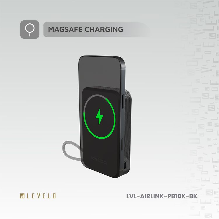 باور بانك Levelo Air Link 10000mAh MagSafe مع حامل وInt، وكابل إدخال/إخراج Type-C مدمج، وحامل مدمج، وشحن سريع Qi2 15 وات، وكابل قبضة، وشحن متزامن - أسود